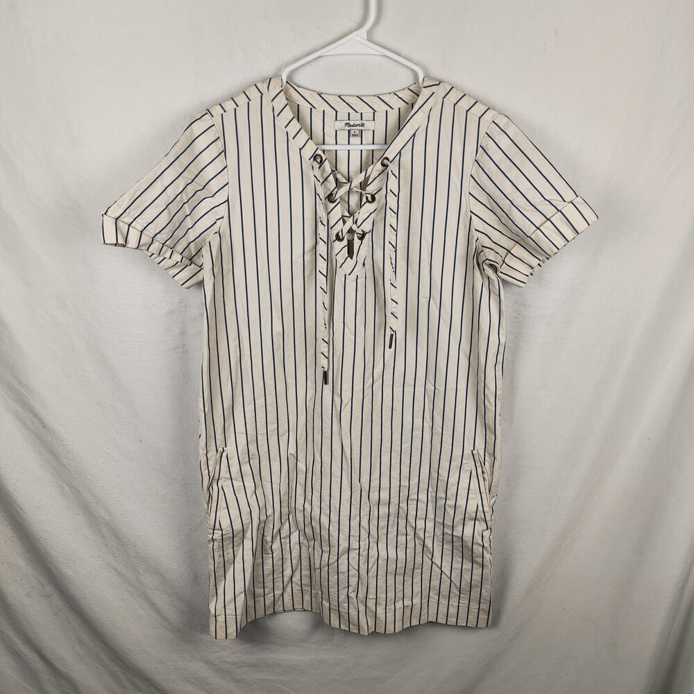 Madewell Dress Womens Small White Stripe Lace Up V Neck Shift Pockets Casual